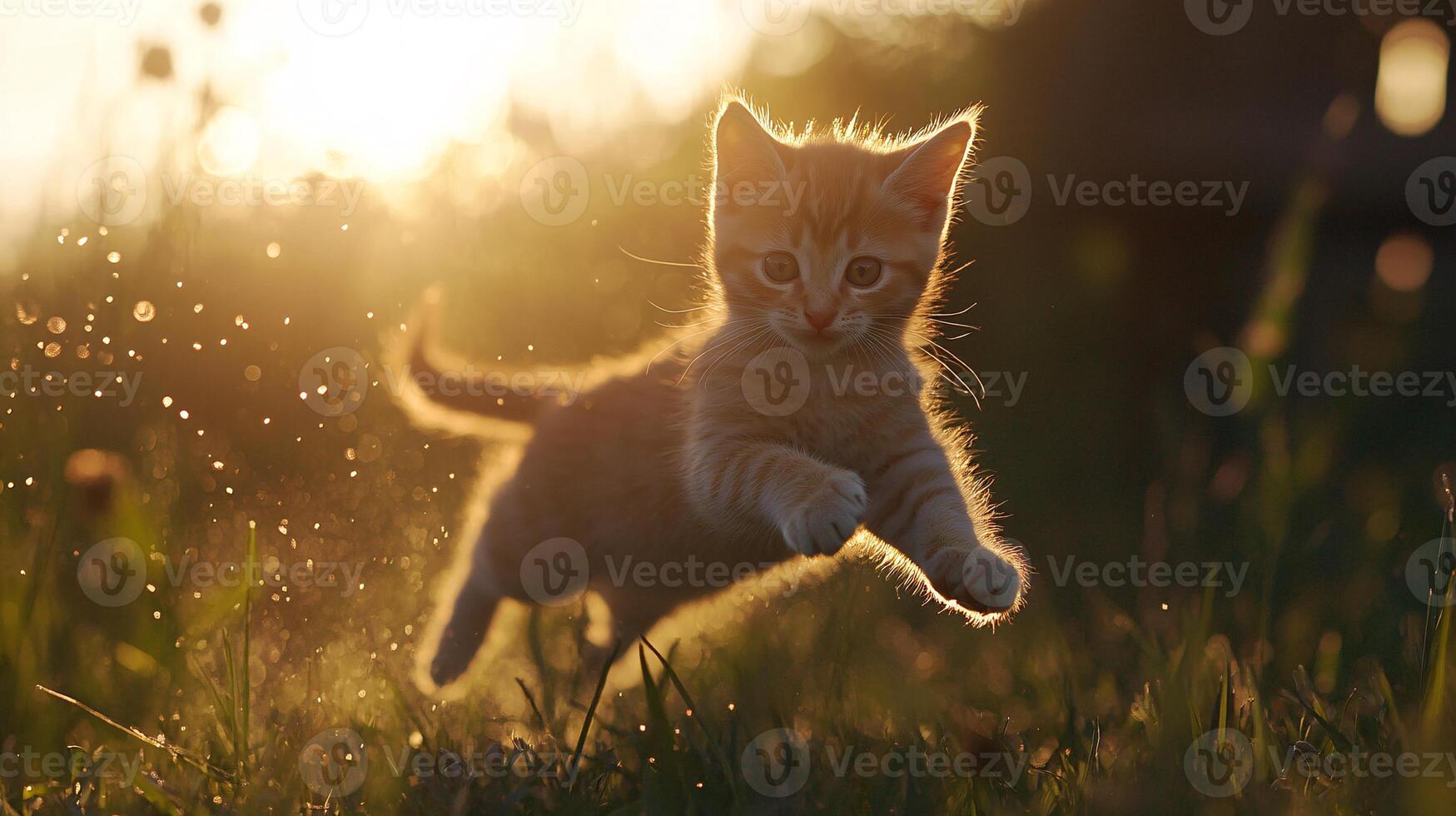 Playful Kitten Joyfully Leaping Through Lush Sunlit Grass at Dusk photo