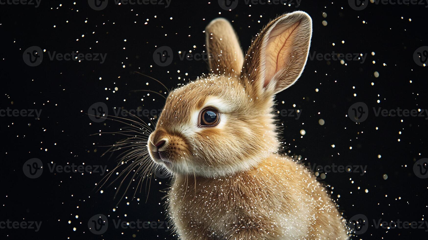 Playful Bunny Rabbit Enveloped in Shimmering Particles Against Dark Backdrop photo