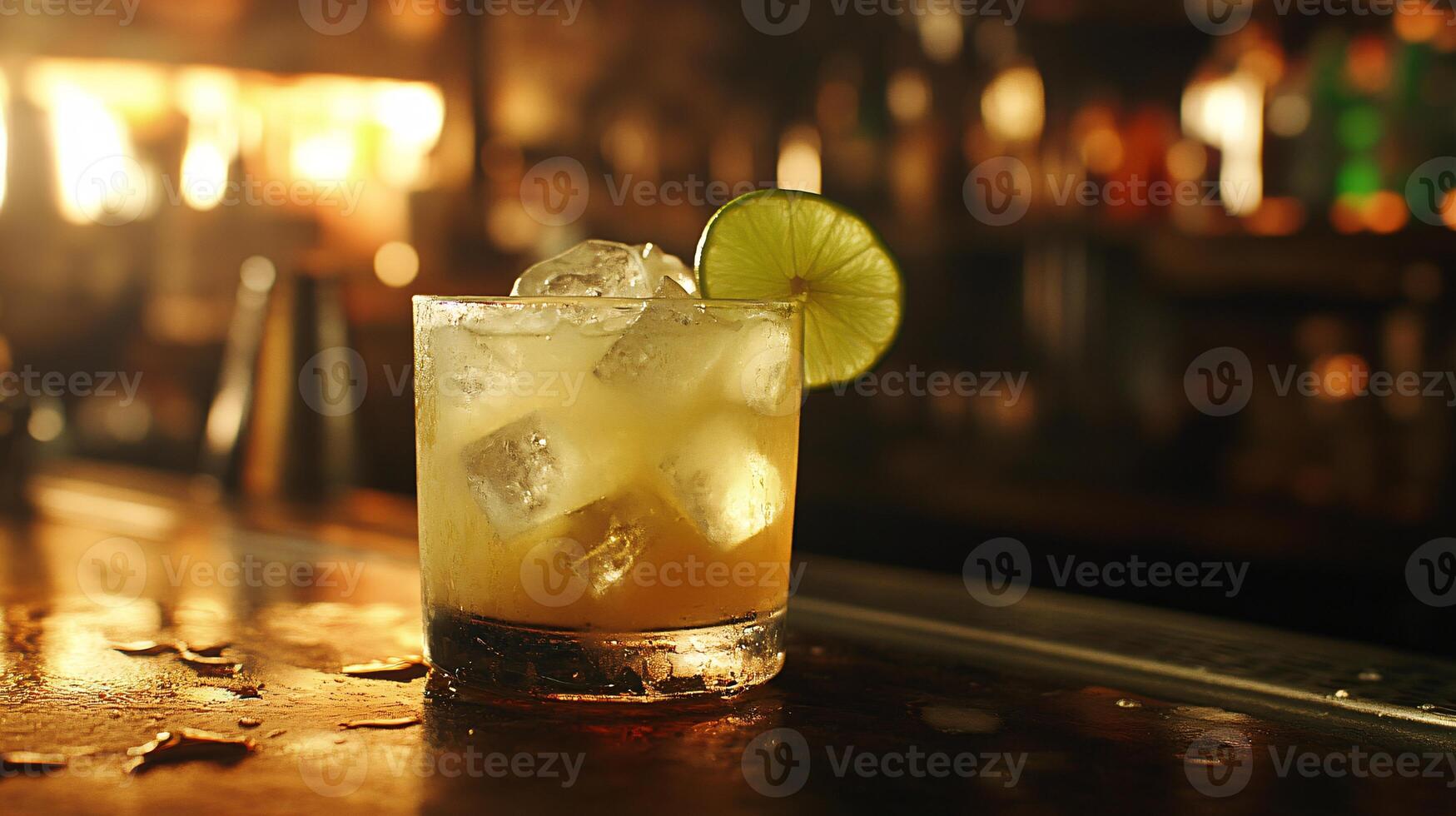 Refreshing Caipirinha Cocktail Garnished with Lime and Ice on a Rustic Bar photo