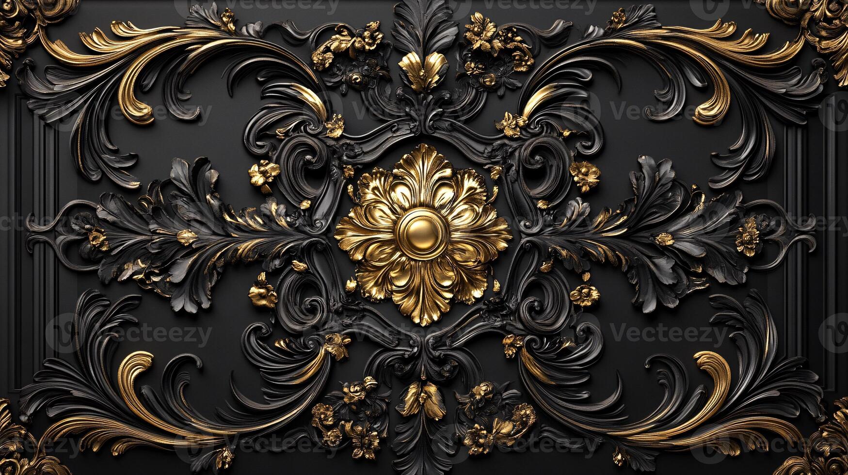 Ornate Black and Gold Ceiling Decoration Showcasing Intricate Baroque Patterns photo
