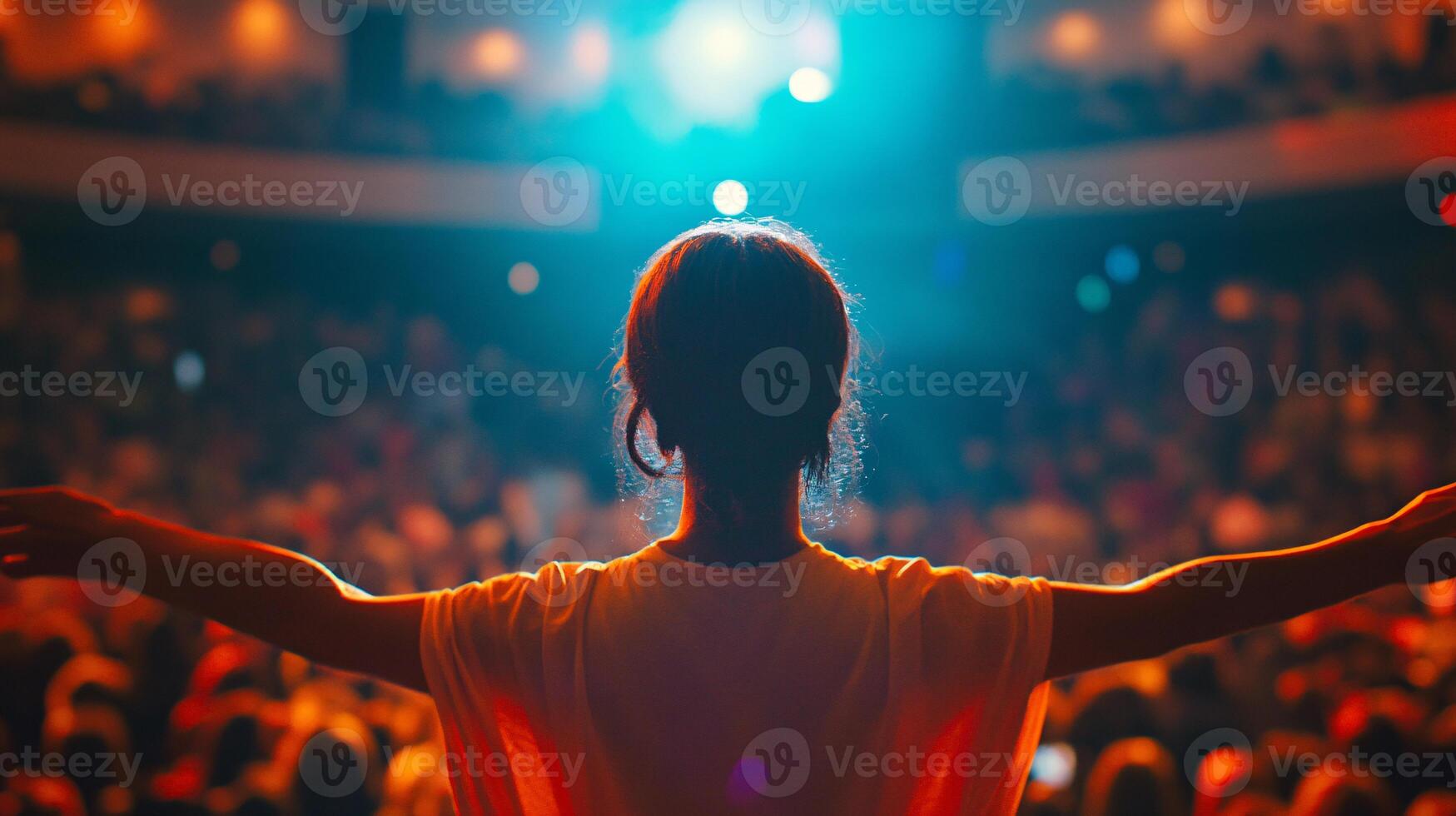 Energetic Crowd Celebrates Live Music with Colorful Lights and Fireworks photo