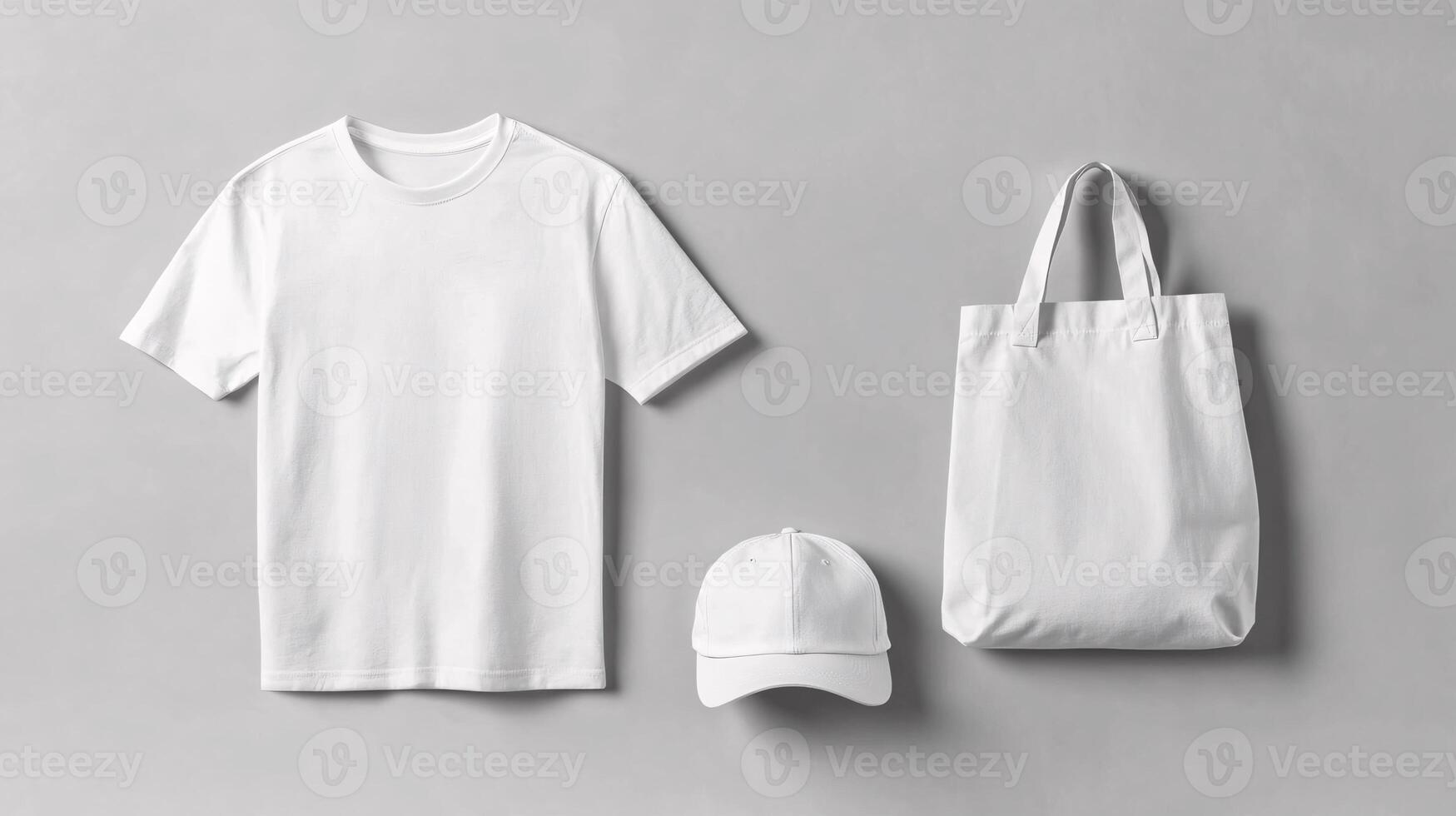 Blank White T-Shirt Mockup with Cap and Tote Bag on Grey Background photo