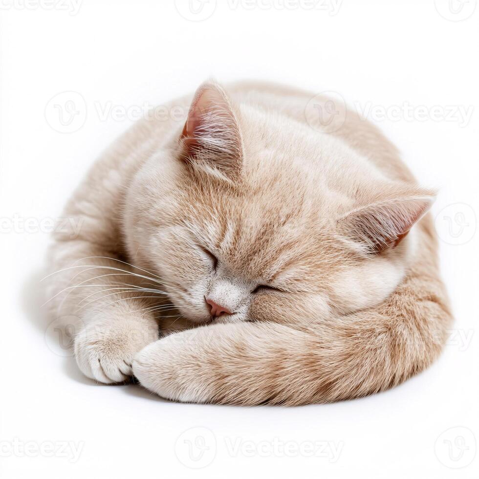 Cute cream British Shorthair cat peacefully sleeping on a white floor photo