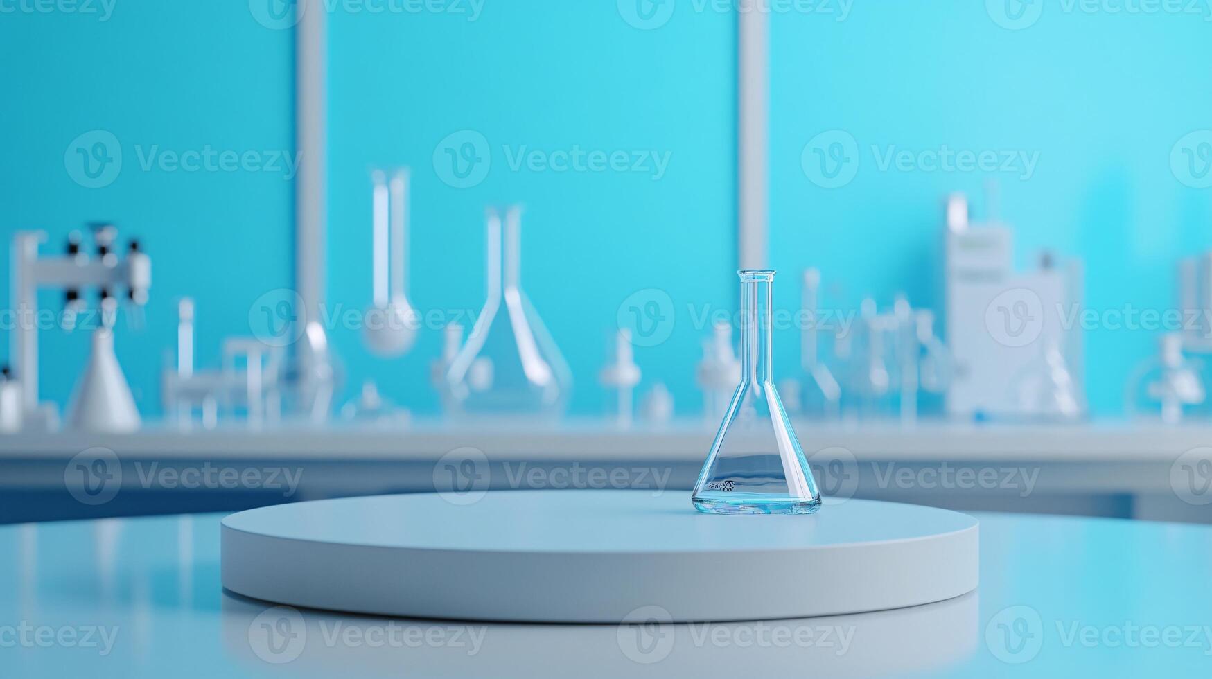 Empty Podium in a Science Lab Surrounded by Vibrant Experimentation Flasks photo