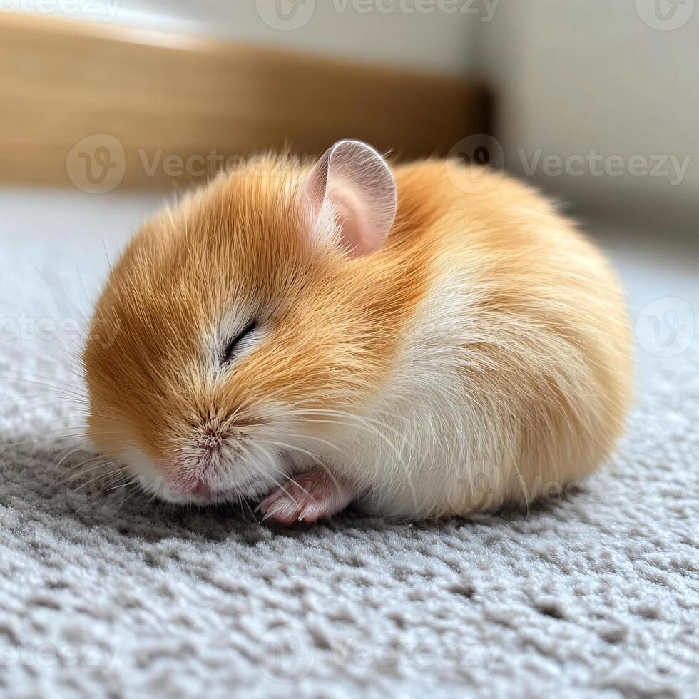 Cute golden hamster peacefully curled up sleeping on the soft floor photo