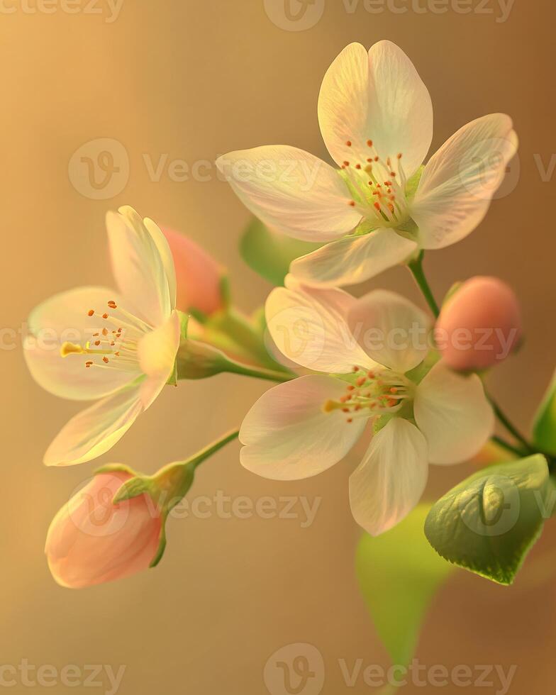 Ultra Realistic Macro Close-Up of Pale Pink Cherry Blossoms on Green Branch photo