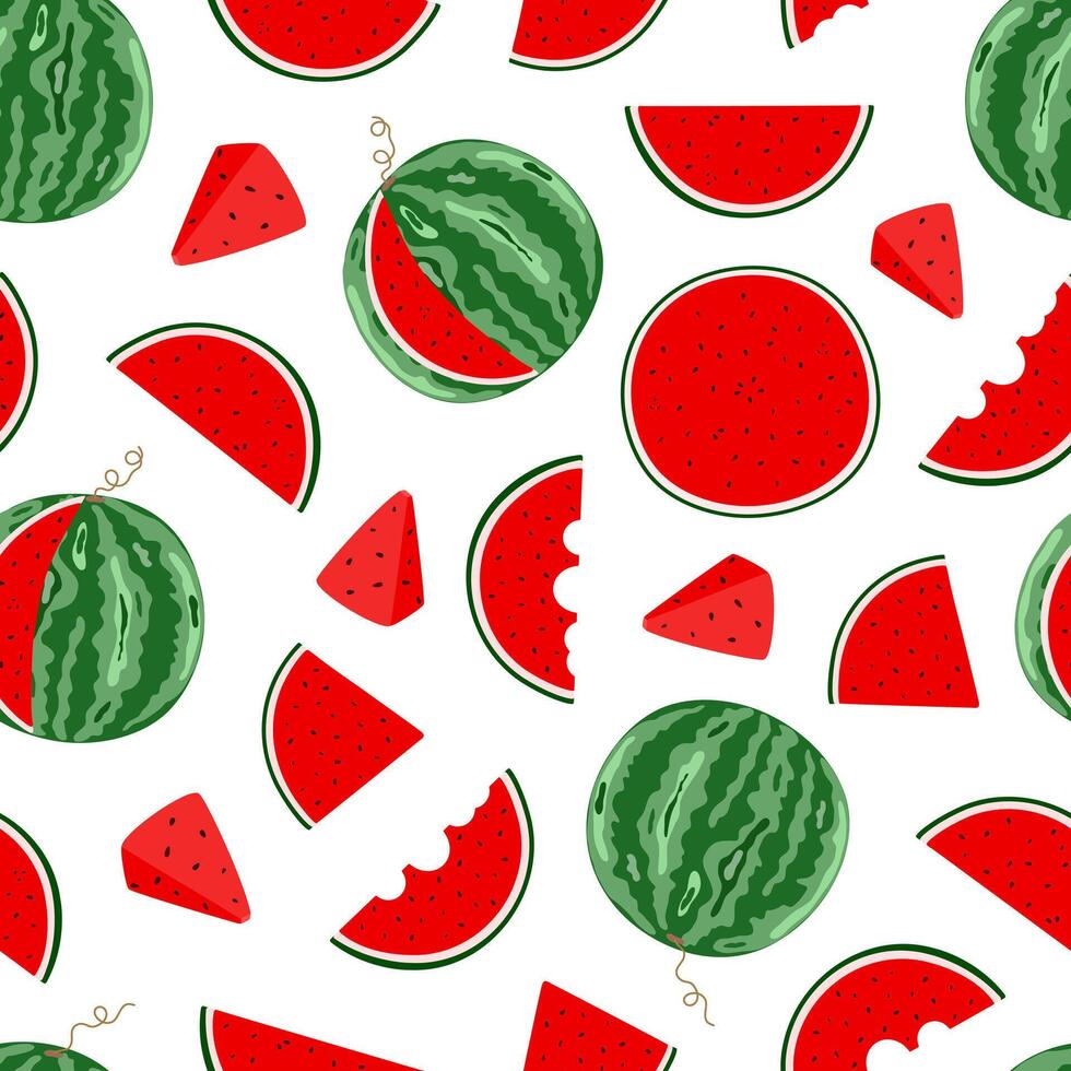 Watermelon whole and slices seamless pattern, sweet ripe fruit, red flesh with seeds, green rind, organic diet ingredient for dessert, healthy vegan food image for summer projects, gift paper, textile vector