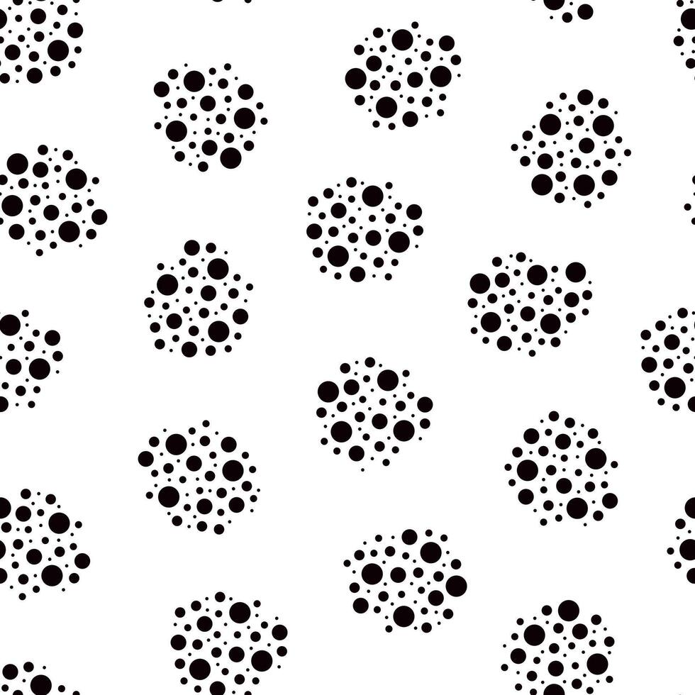Polka dot seamless pattern hand drawn illustration, decorative texture of formless stains made of black dots of different sizes, simple minimalist repeat ornament for textile, gift paper vector