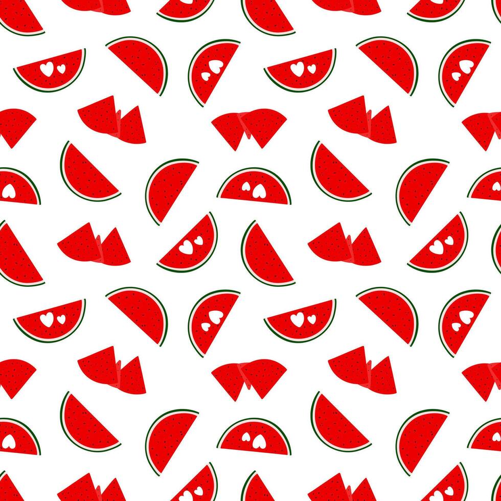 Watermelon slices seamless pattern, sweet ripe fruit, red flesh with seeds and green rind, organic diet ingredient for dessert, healthy vegan food image for summer projects, packaging decor, textile vector