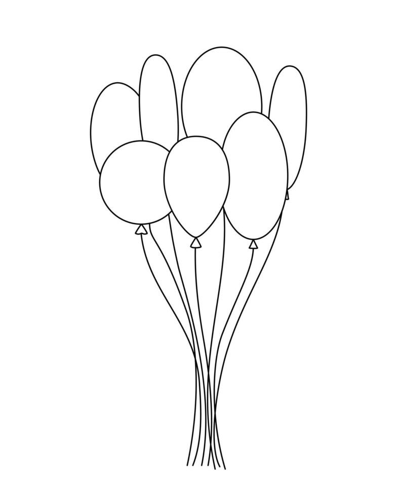 Balloons bunch kid's toy or element of festive decoration, hand drawn line art illustration, birthday party, anniversary, surprise gift, holiday event objects of different shapes collection vector