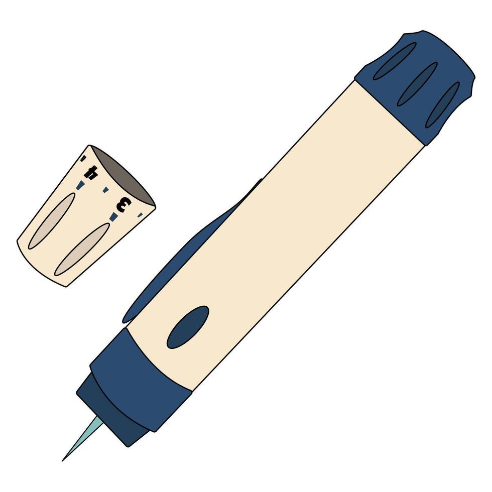 Open mechanical lancing device with visible lancet and detached cap. Used for adjusting puncture depth to obtain blood for glucose testing. Concept of diabetes mellitus, chronic illness, healthcare. vector