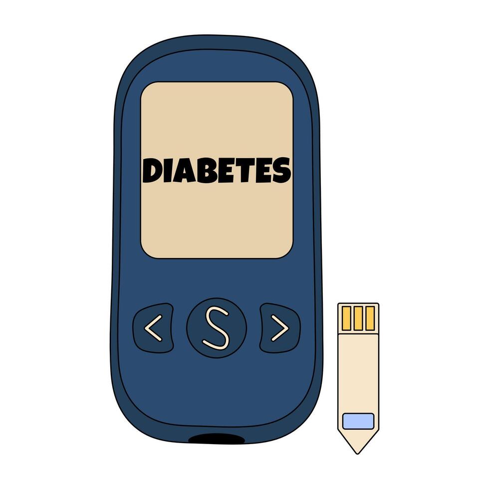 Digital blood glucose meter, or closeup glucometer, with separate test strip and diabetes label, symbol of self-monitoring for diabetes management. Concept of diabetes mellitus, chronic illness. vector