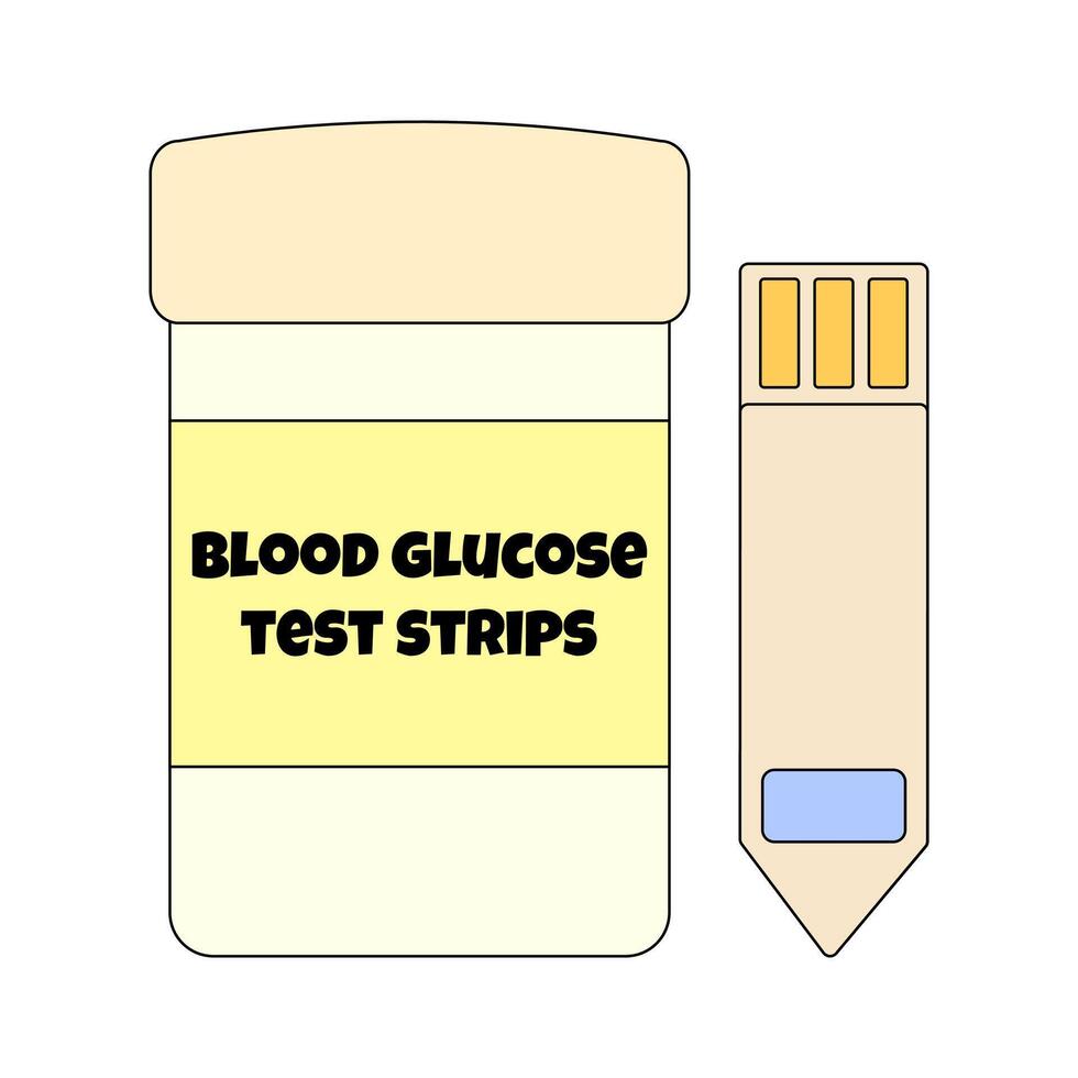 Isolated cartoon illustration of a container labeled - blood glucose test strips - with one test strip placed beside it on white background. Concept of diabetes mellitus, chronic illness, healthcare. vector
