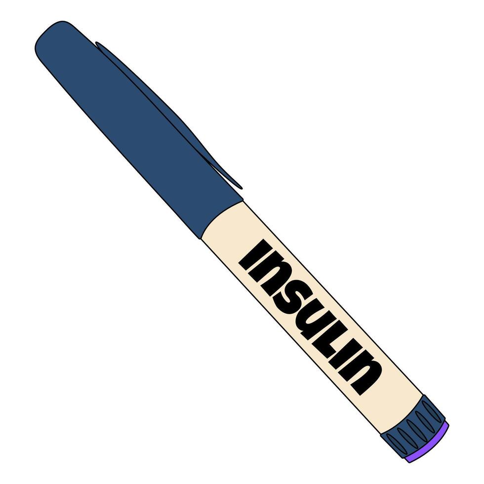 Closeup cartoon illustration of a closed insulin pen injector with a cap and labeled INSULIN. Concept of diabetes mellitus, chronic illness, and healthcare. Isolated on a white background. vector