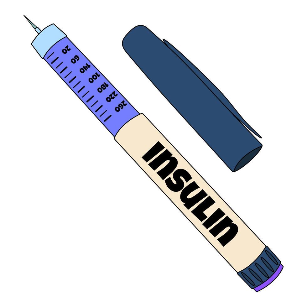 Cartoon illustration of a mechanical insulin pen injector with visible needle, dosage markings, and detached cap on a white background. Concept of diabetes mellitus, chronic illness, and healthcare. vector