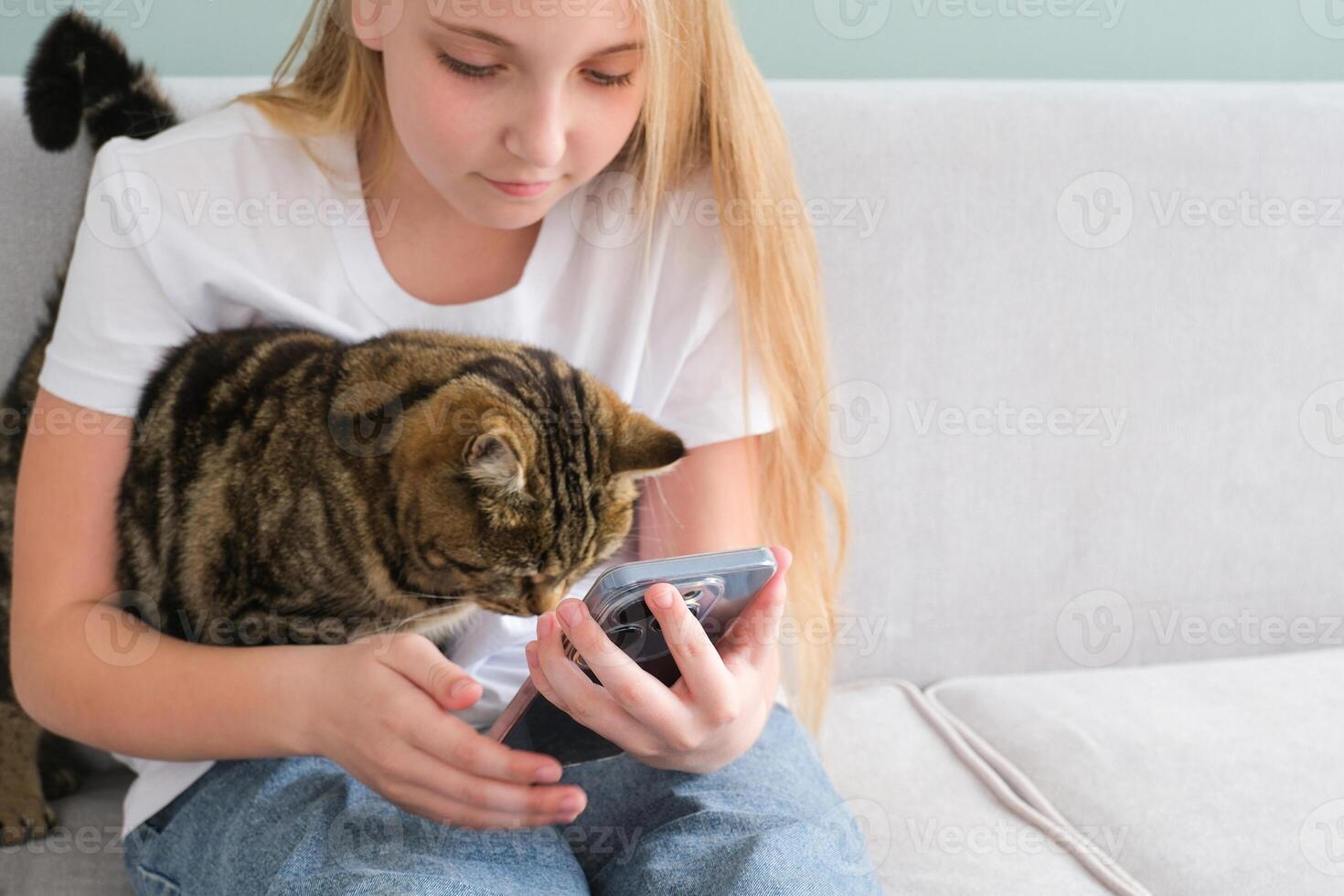 A girl and a cat are using a mobile phone. Focus on the phone. photo