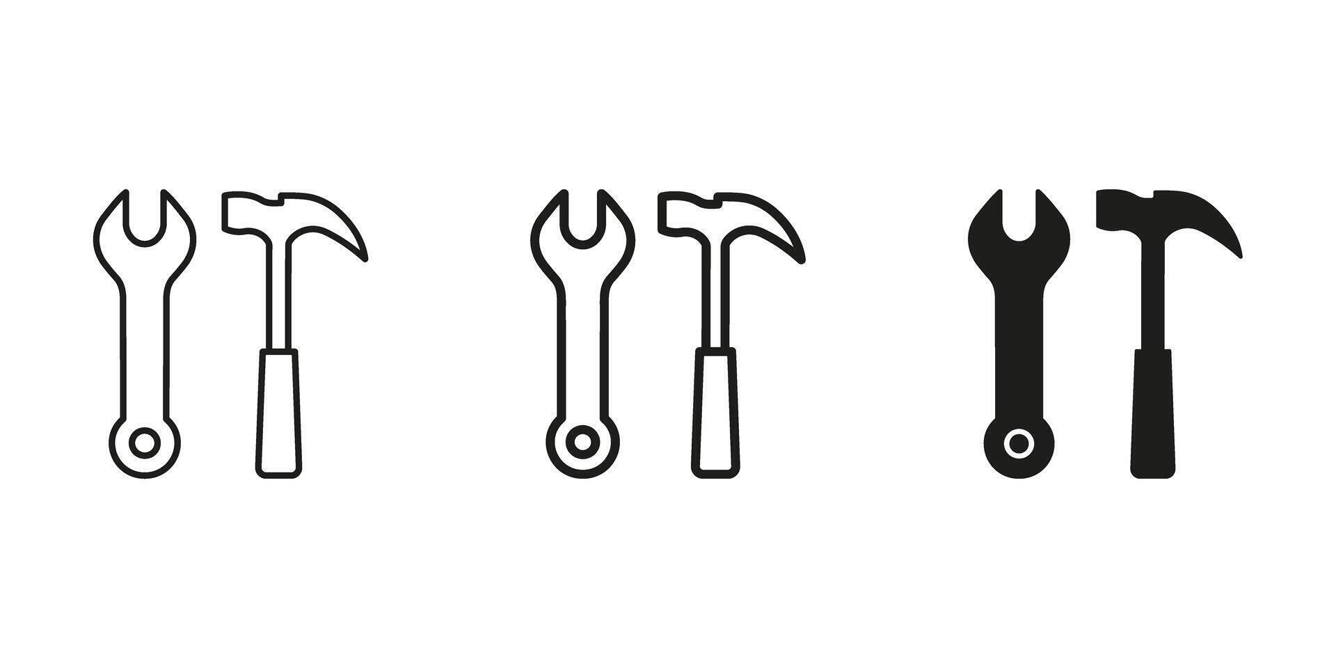 Wrench And Hammer Tool Icon Set. Construction, Repair, And Maintenance Outline, Silhouette Symbol Collection. Diy And Handyman Tools. Isolated Illustration vector