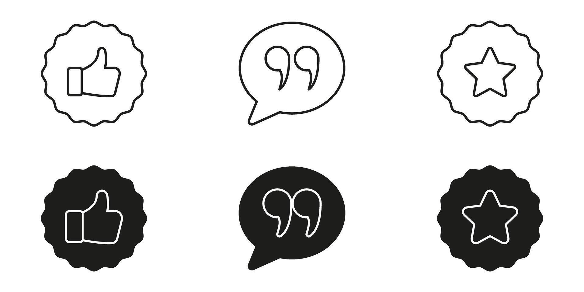 Thumbs Up, Quotation, And Star Badge Icon Set. Social Media Engagement, Feedback, And Rating Symbol Collection. Communication And Quality Representation. Isolated Illustration vector