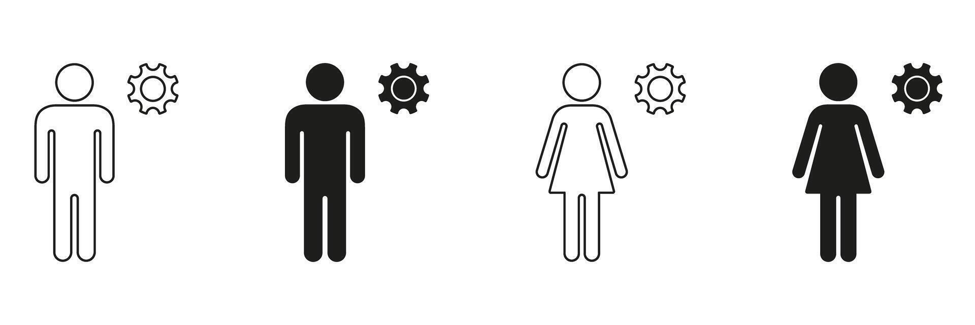 Male And Female With Gear Icon Set. Gender Roles And Workforce Integration Outline And Silhouette Symbol Collection. Represents Collaboration, Teamwork, And Equality. Isolated Illustration vector