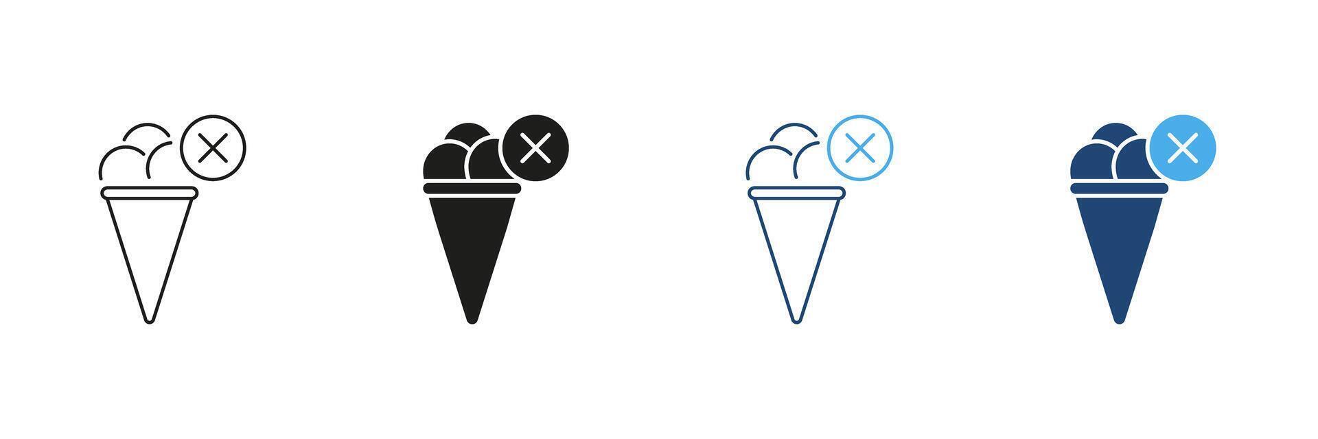 Ice Cream Cone Line and Silhouette Icon Set with Topping and Sprinkles with Cancel Symbol Indicating. No Ice Cream Allowed. Editable Stroke. Isolated Illustration vector