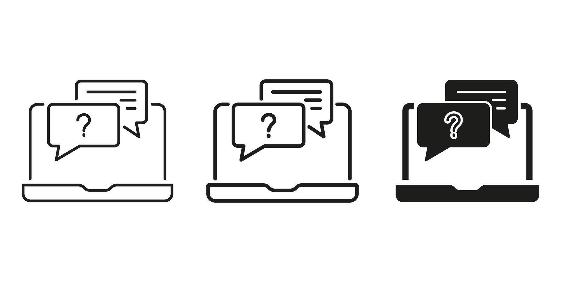 Laptop With Chat Bubbles And Question Mark Icon Set. Online Support, Customer Service, And Inquiry Communication Symbol Collection. Digital Assistance And Help Desk. Isolated Illustration vector