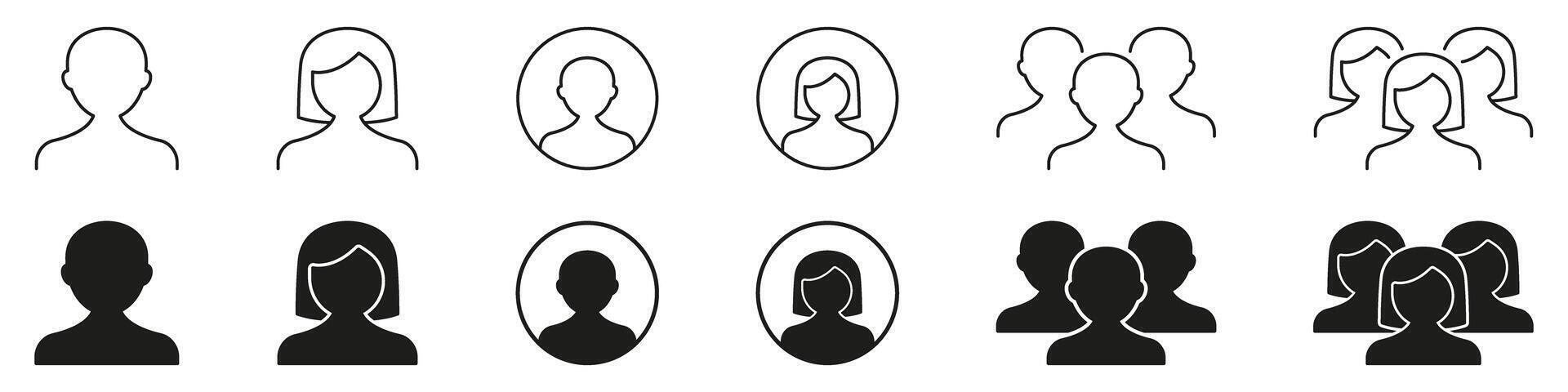 User Profile And Group Icons Set. Personal Identification And Community Outline And Silhouette Symbol Collection. Social Networking And Team Collaboration. Isolated Illustration vector