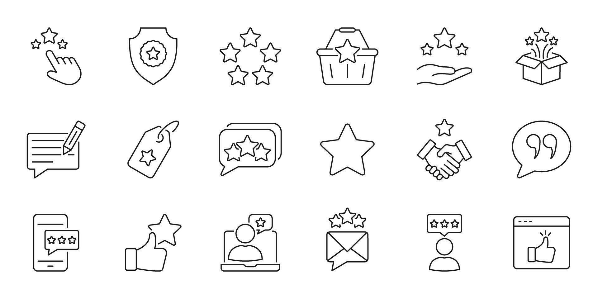 Customer Feedback And Rating Line Icon Set. E-Commerce And Service Evaluation. User Reviews, Satisfaction, Quality Assurance Outline Symbol Collection. Editable Stroke. Isolated Illustration vector