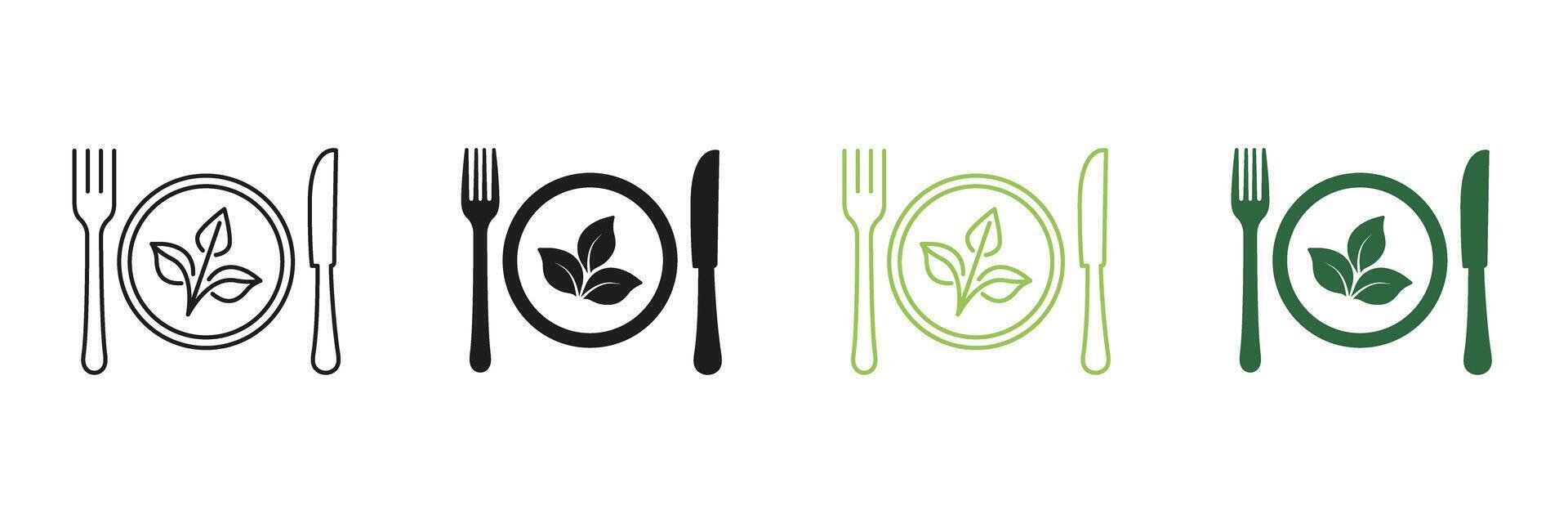 Plate With Leaf And Cutlery Representing Vegan Diet, Healthy Food. Vegetarian Food And Healthy Eating. Editable Stroke. Isolated Illustration vector