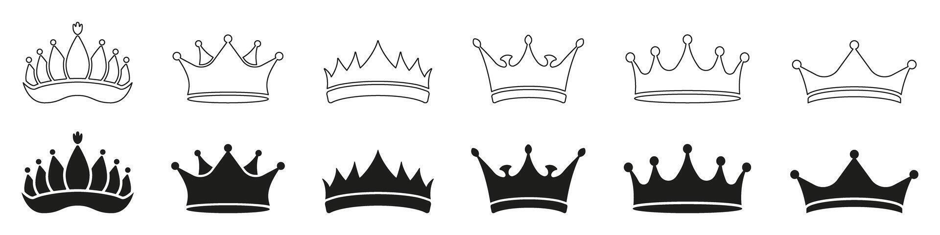 Crown and Tiara Outline and Solid Icon Set. Elegant Royal Headpieces Symbolizing Power, Nobility. King and Queen Coronation Silhouette and Line Art Symbol. Isolated Illustration vector