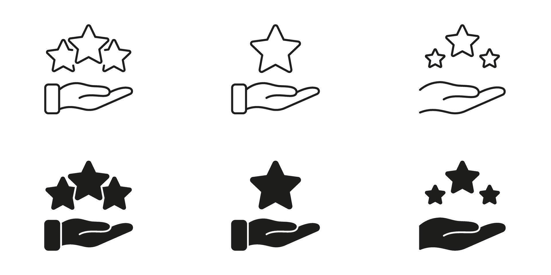 Hand Holding Stars Icon Set. Customer Satisfaction, Quality Assurance, And Excellence Representation Outline And Silhouette Symbols. Service Rating And Feedback. Isolated Illustration vector