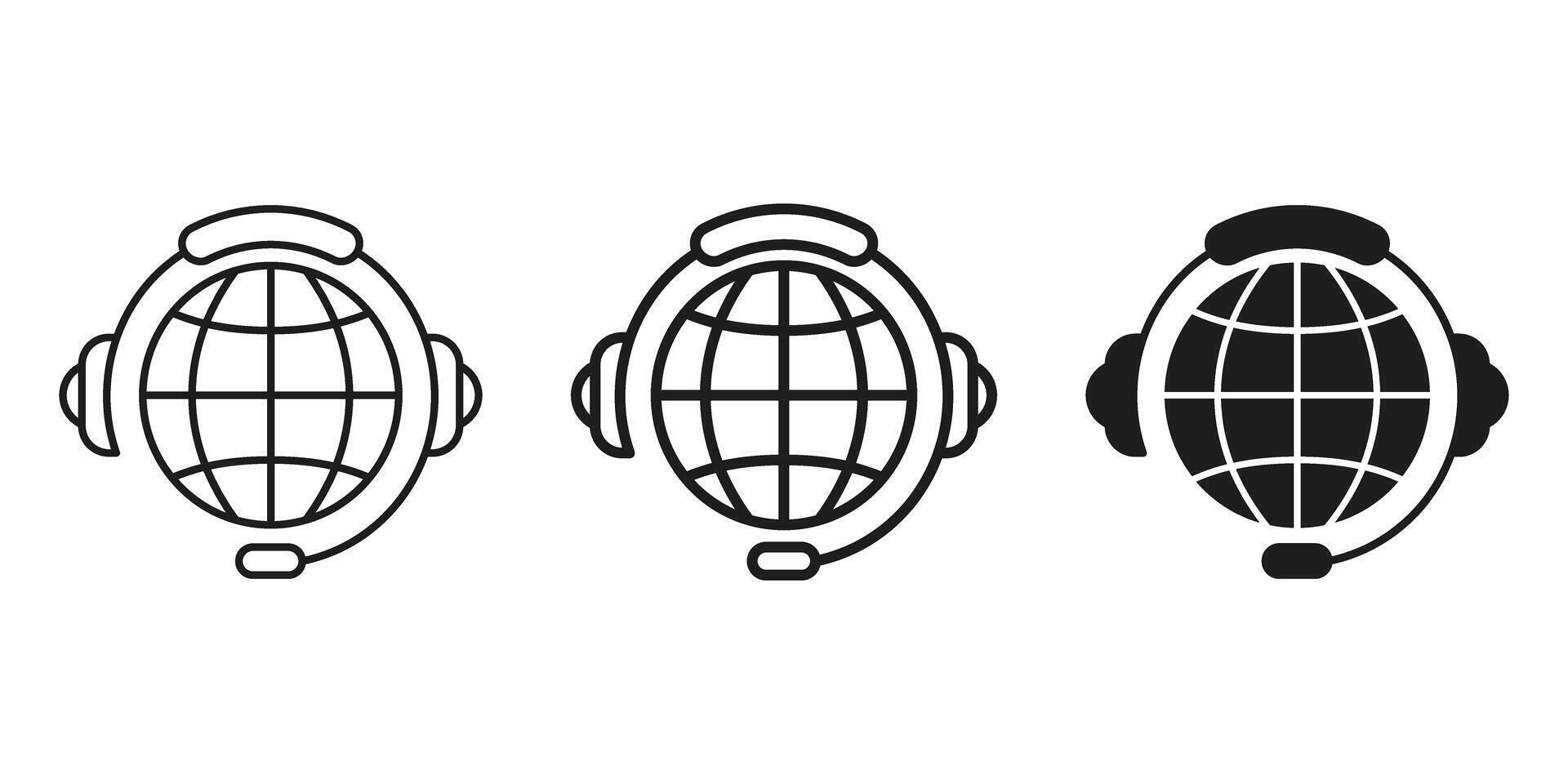 Global Customer Support Headset Icon Set. Worldwide Communication And Call Center Service Outline And Silhouette Symbol Collection. International Helpline Assistance. Isolated Illustration vector