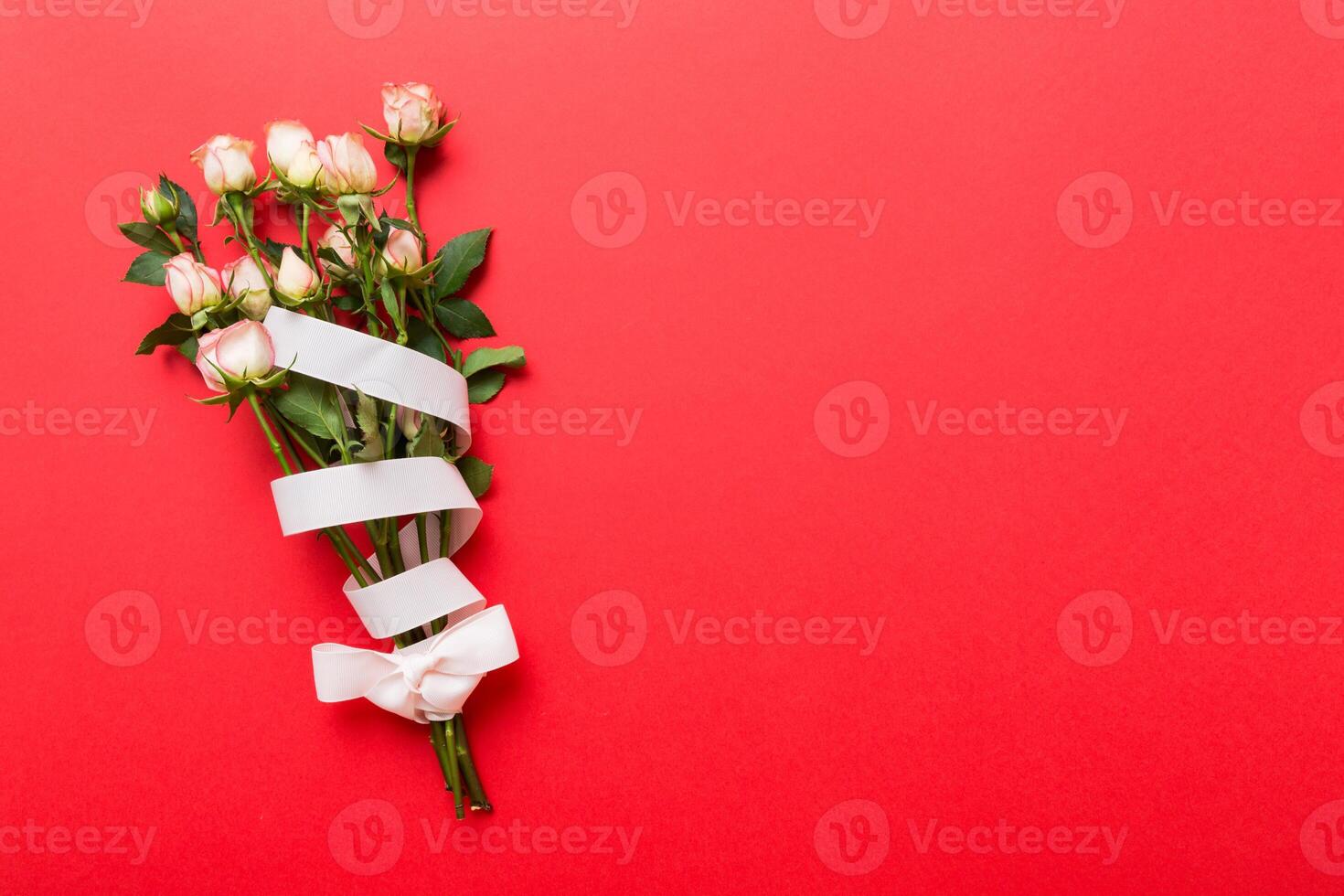 Bouquet of pinkand white roses on colored background. Mother's day, Valentines Day, Birthday celebration concept. Greeting card. Copy space for text, photo
