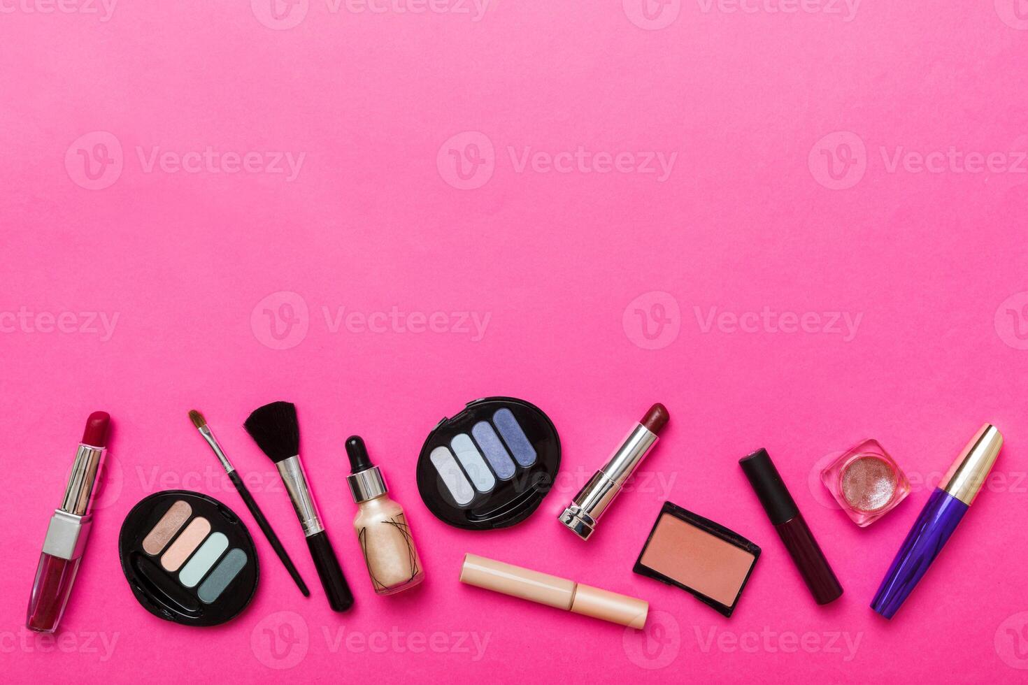 Professional makeup tools. decorative cosmetics. Makeup brushes set and color eyeshadow palette table background. photo
