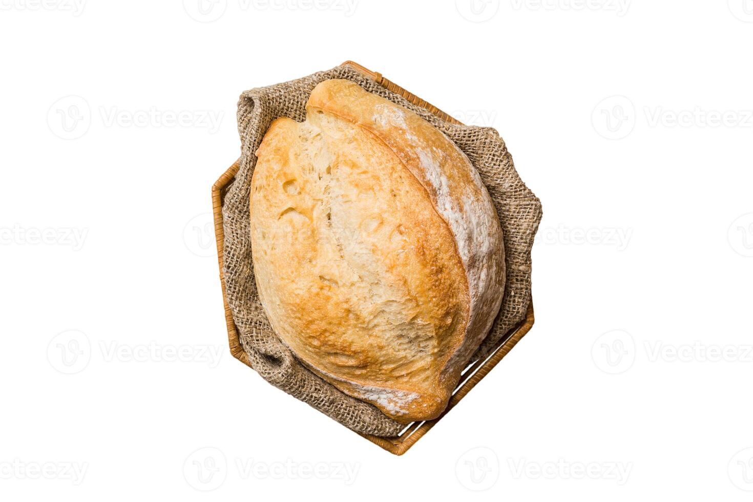 Freshly baked bread basket isolated white background. top view bread copy space photo