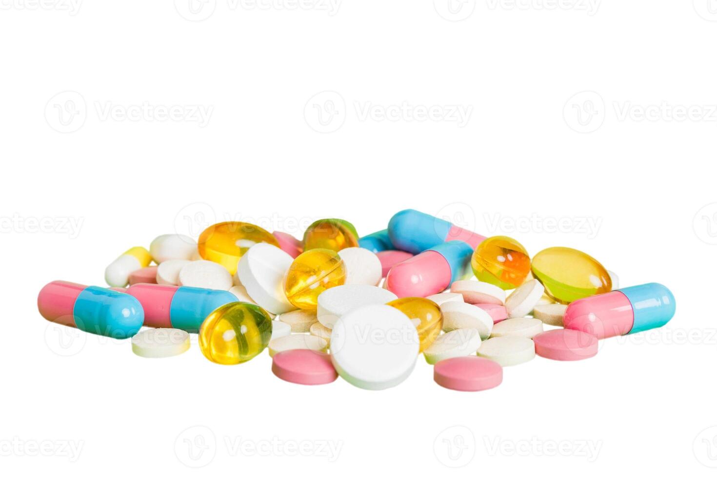 Many different colorful medication and pills perspective view. Set many pills colored background photo