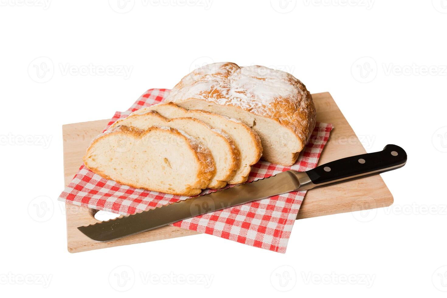 Assortment of freshly sliced baked bread with napkin isolated . Healthy unleavened bread. French bread slice photo