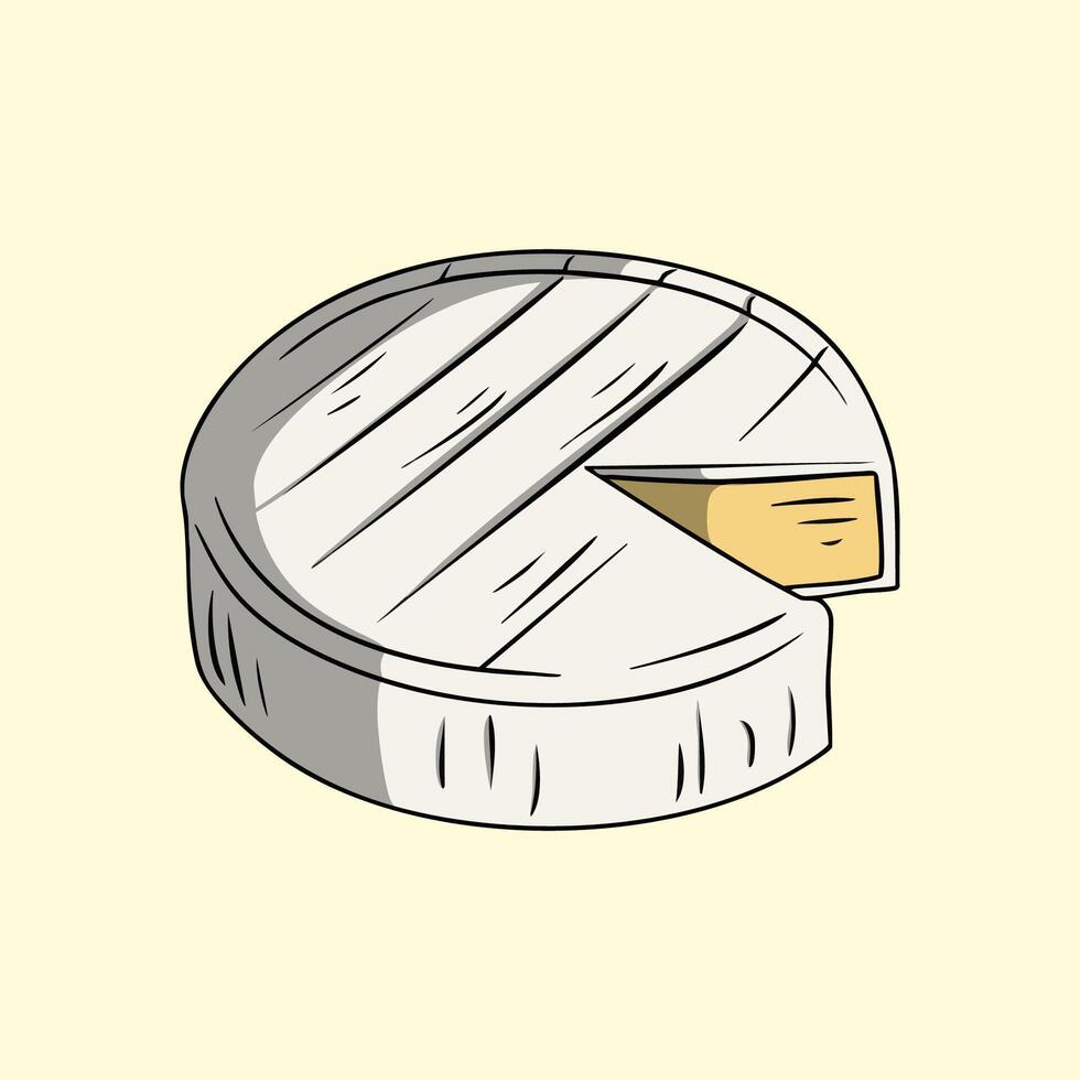 Hand-drawn of a wheel of brie cheese with a slice cut out vector