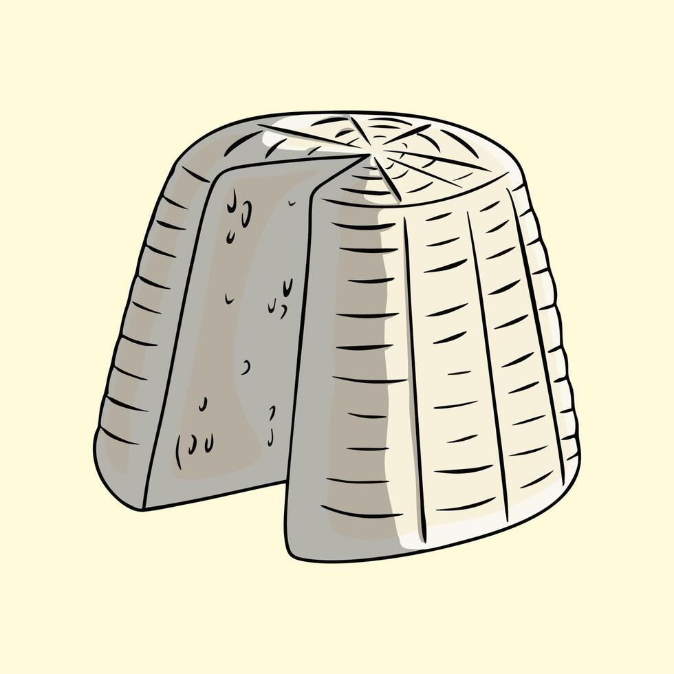 Hand-drawn of a wheel of ricotta cheese with a slice cut out vector