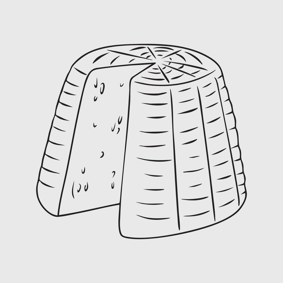 Hand-drawn sketch of a wheel of ricotta cheese with a slice cut out vector