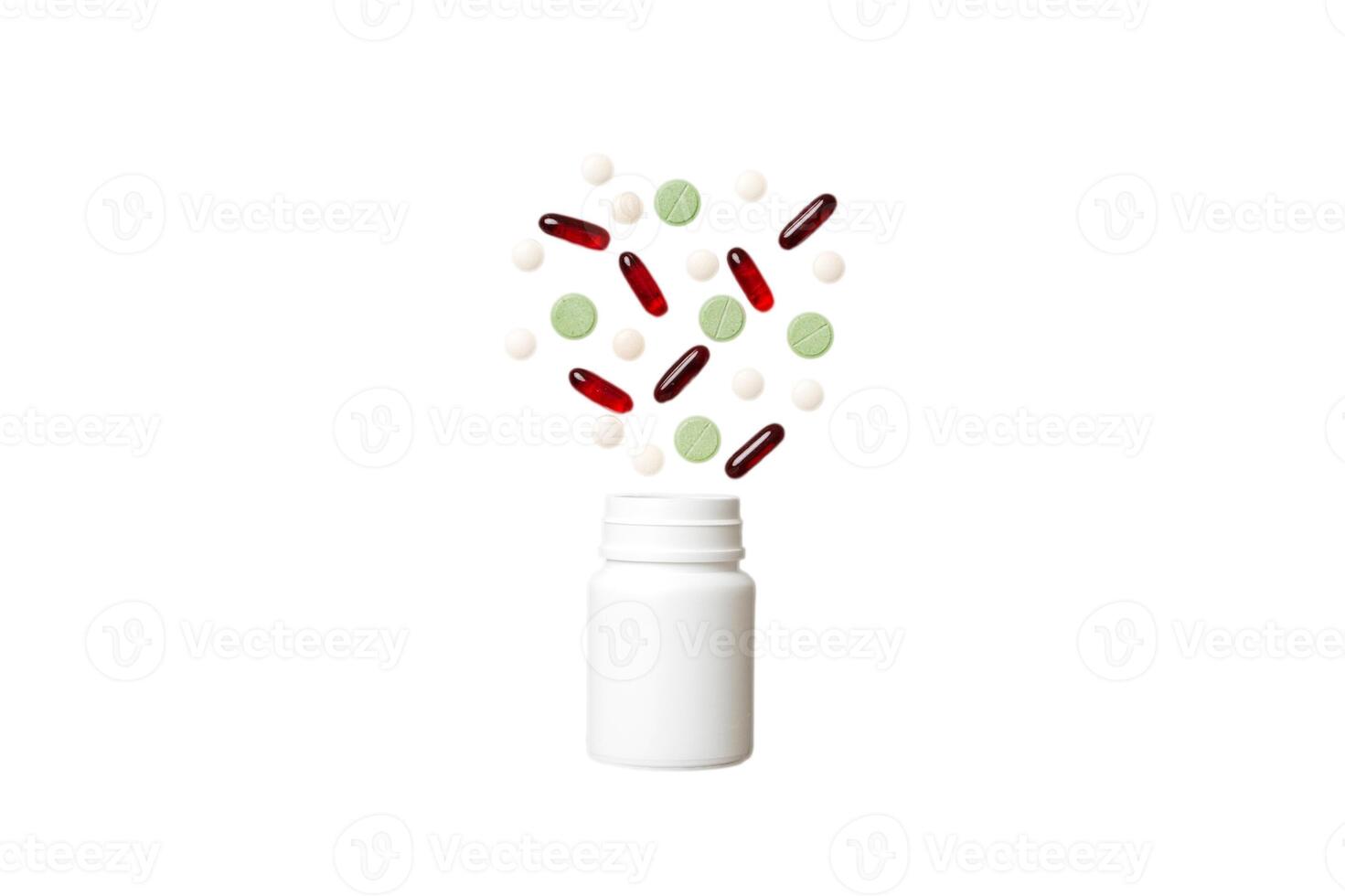 Multicolored pills and capsules plastic bottle on Colored background. Many different various medicine tablets and pills, vitamin and nutritional supplements concept photo