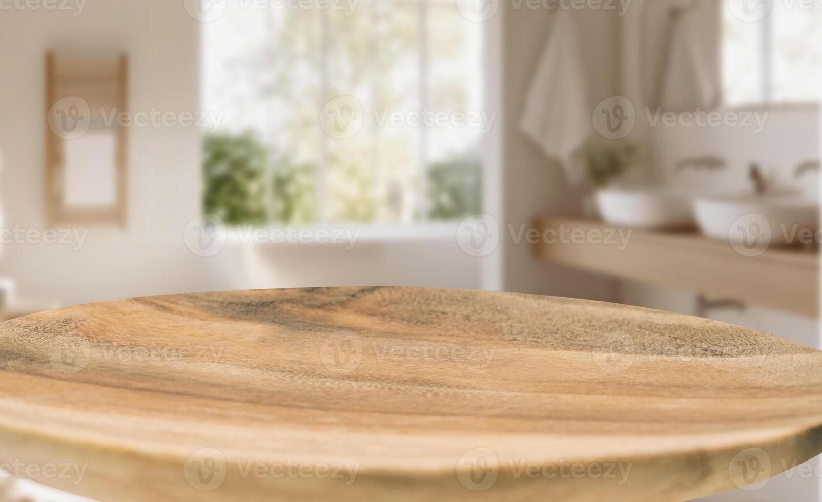 Empty wooden countertop with blurred modern bathroom in the background featuring white sinks, soft natural light, and minimal design, perfect for home decor or product display in a stylish interior photo