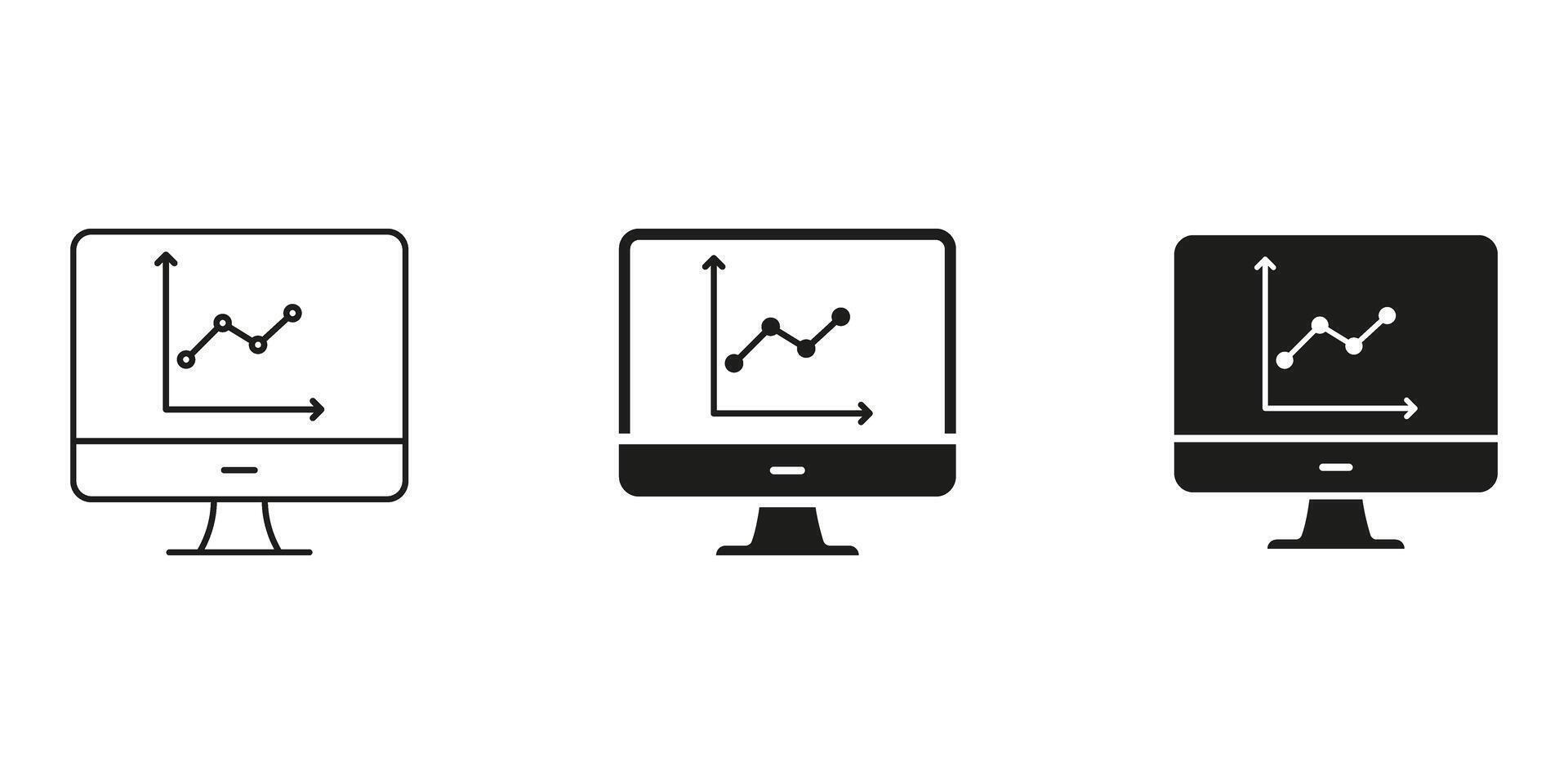 Computer Monitor With Graph Line And Solid Icon Set. Data Analysis, Business Analytics, And Performance Tracking Symbol Collection. Financial Growth And Market Trends. Isolated Illustration vector