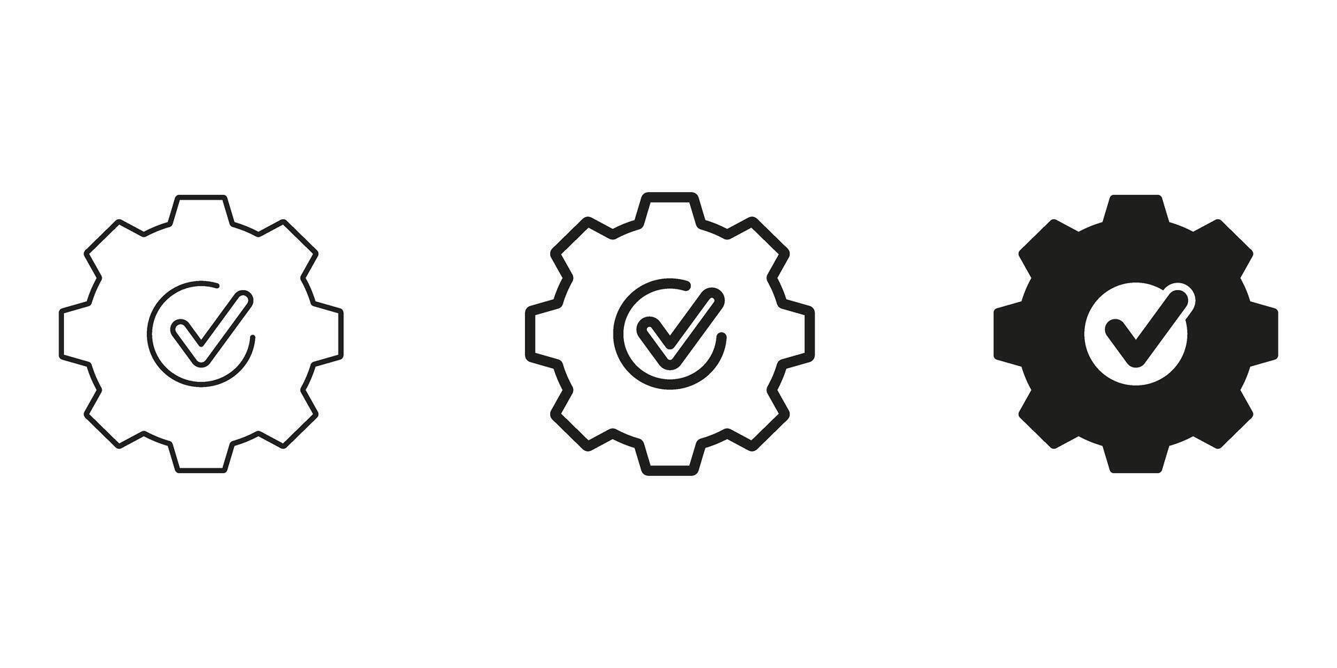 Gear With Checkmark Line And Solid Icon Set. Quality Assurance, System Optimization, And Task Completion Symbol Collection. Efficiency And Reliability Representation. Isolated Illustration vector