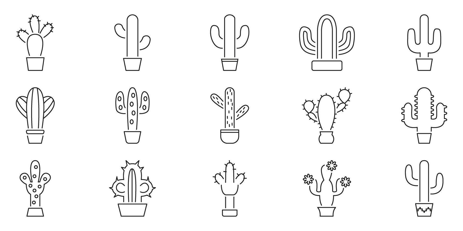 Cactus Plant Line Icon Set. Desert Flora, Succulent Collection, Botanical Outline Symbol Collection. Various Cactus Shapes In Pots. Editable Stroke. Isolated Illustration vector