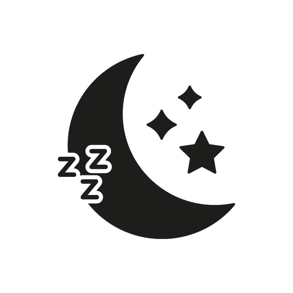 Crescent Moon With Stars And Sleep Symbol Solid Icon. Nighttime Rest, Sleep Quality, And Relaxation Silhouette Symbol. Dreaming And Night Sky Representation. Isolated Illustration vector