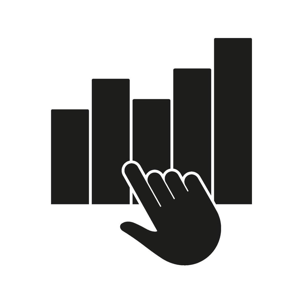 Hand Interacting With Bar Graph Solid Icon. Data Analysis, Interactive Analytics, And Business Intelligence Silhouette Symbol. Touchscreen Data Visualization. Isolated Illustration vector