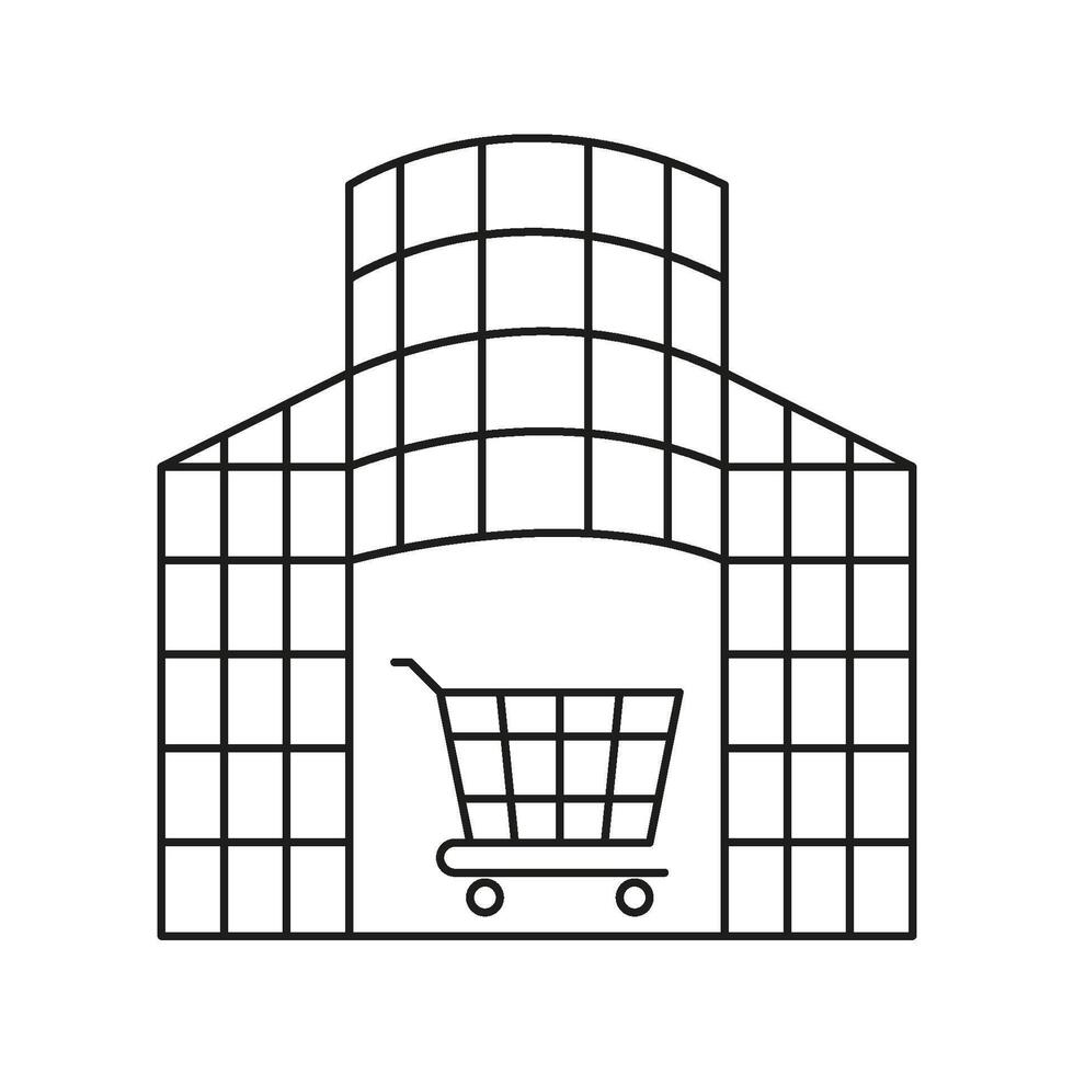 Shopping Mall With Cart Line Icon. Retail Center, Consumer Shopping Experience, And Commercial Complex Outline Symbol. E-Commerce And Retail Industry. Editable Stroke. Isolated Illustration vector