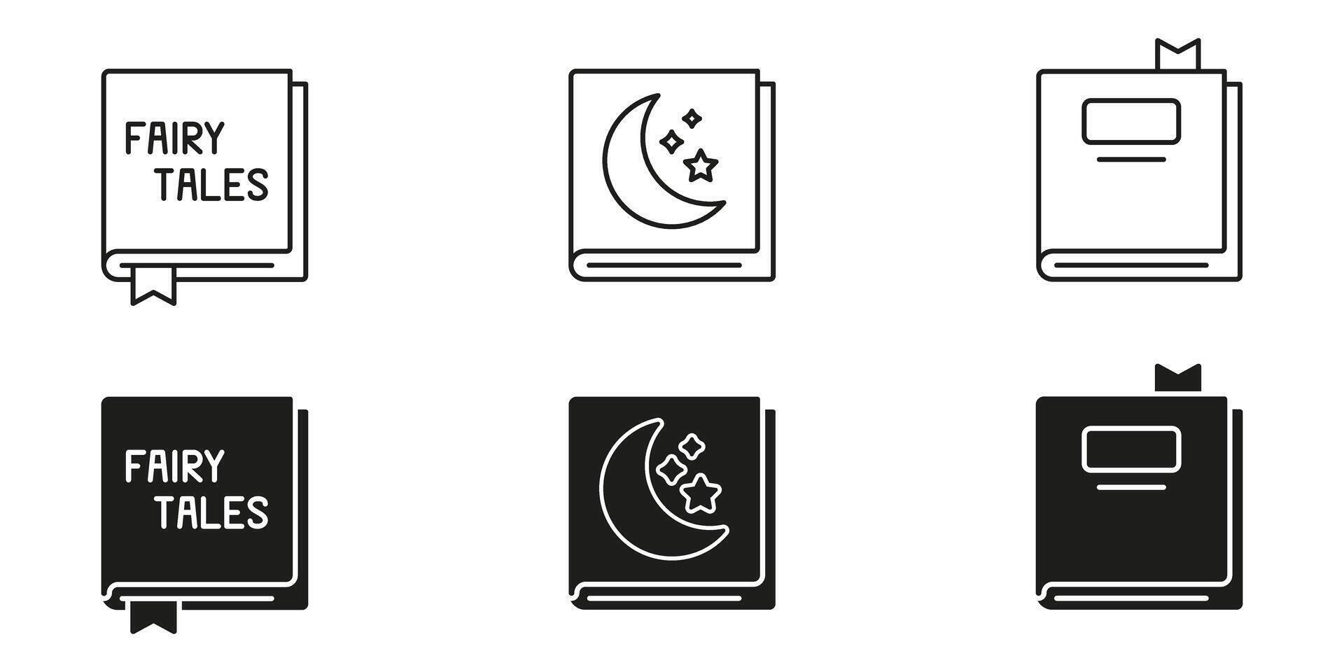 Fairy Tale Book Line And Solid Icon Set. Storytelling, Imagination, And Fantasy Literature Symbol Collection. Children Stories And Bedtime Reading. Isolated Illustration vector