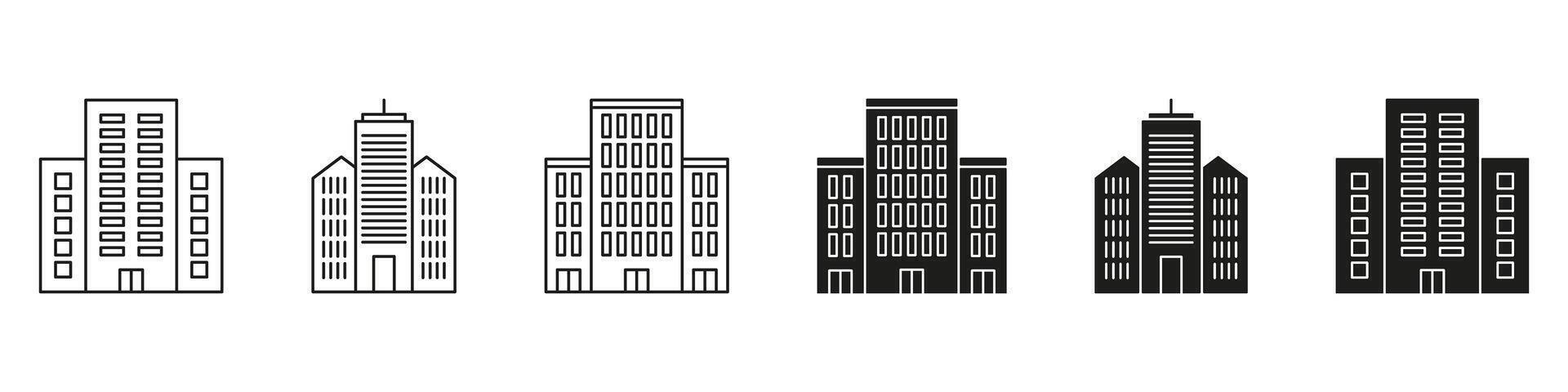 Skyscraper Building Line And Solid Icon Set. Urban Architecture And Cityscape Silhouette Symbol Collection. Real Estate And Infrastructure Design. Isolated Illustration vector