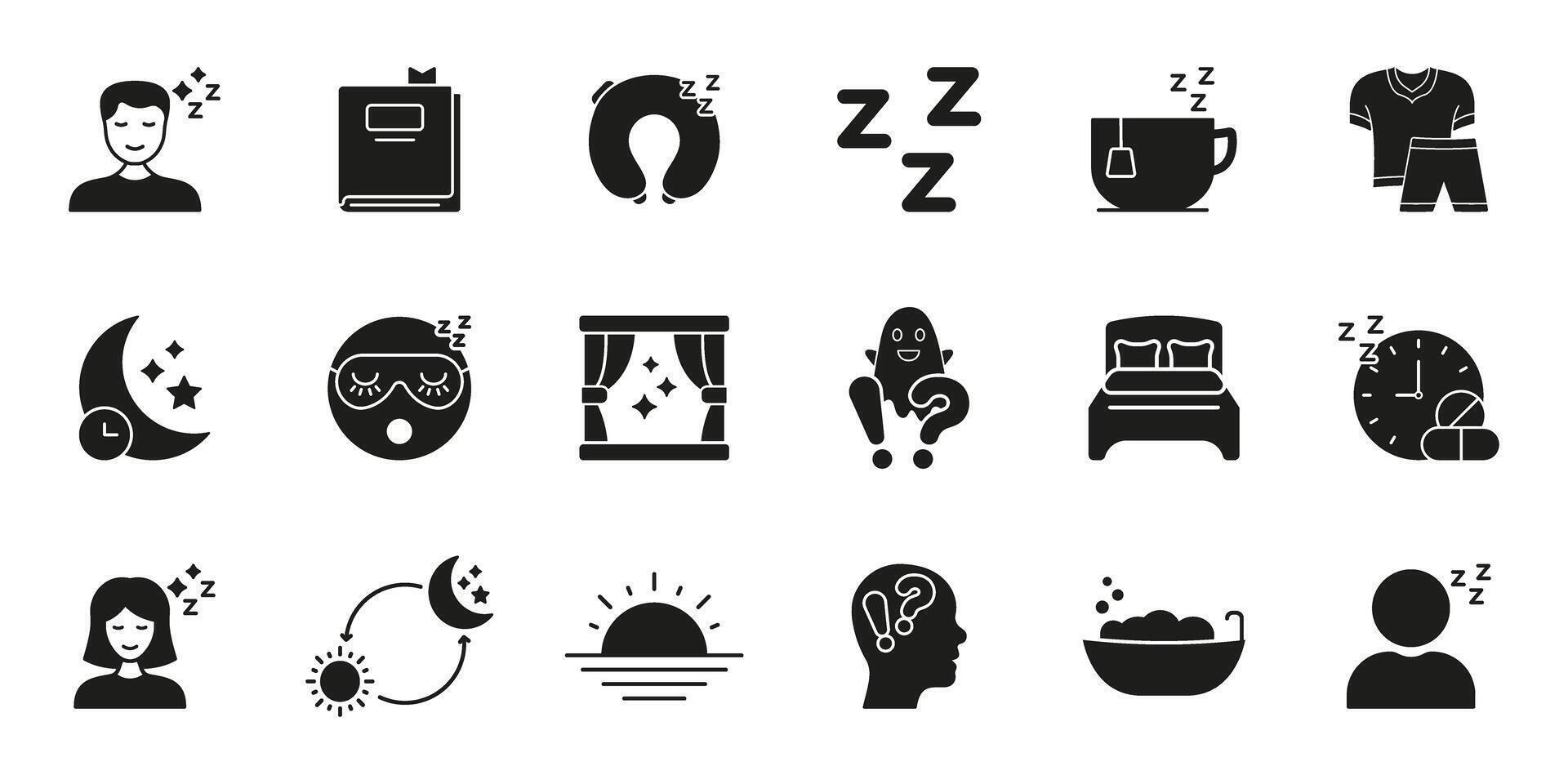 Sleep And Relaxation Solid Icon Set. Restful Sleep, Nighttime Routine, And Relaxation Silhouette Symbol Collection. Sleep Hygiene And Wellness. Isolated Illustration vector